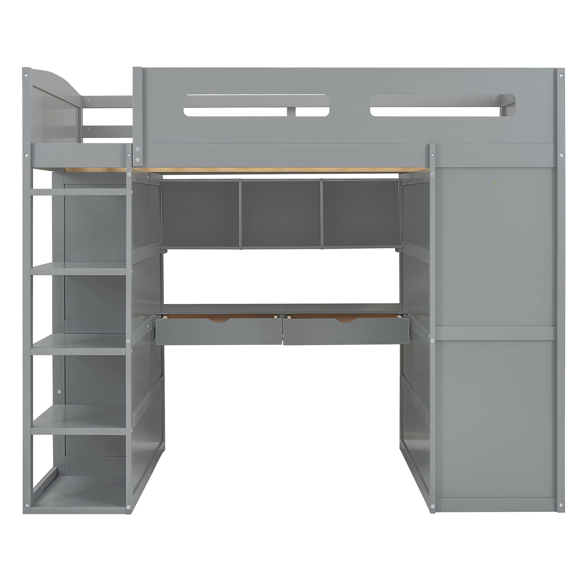 Full Size Loft Bed With Desk, Wardrobes, 4 Drawers And 4 Shelves Gray Full Gray Solid Wood