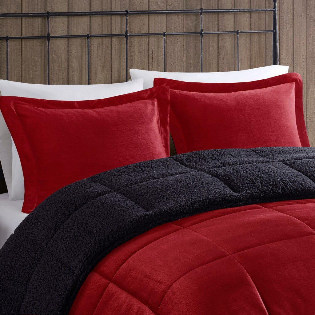 Plush To Sherpa Down Alternative Comforter Set King Red Black Polyester