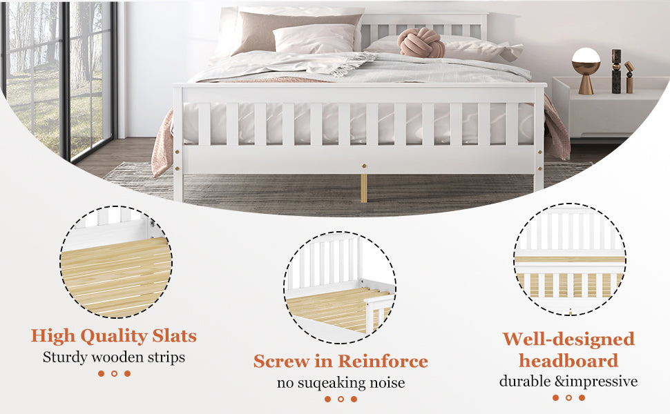 Queen Bed Frames With Headboard, Solid Wooden Platform Bed With Corner, Modern Low Profile Bed Frame, No Box Spring Needed, White Queen White Wood