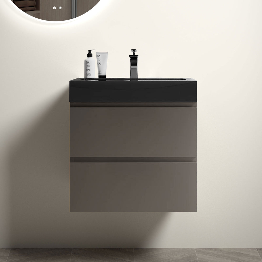 Alice 24" Gray Bathroom Vanity With Sink, Large Storage Wall Mounted Floating Bathroom Vanity For Modern Bathroom, One Piece Black Sink Basin Without Drain And Faucet, Pre Assembled Black Gray Melamine