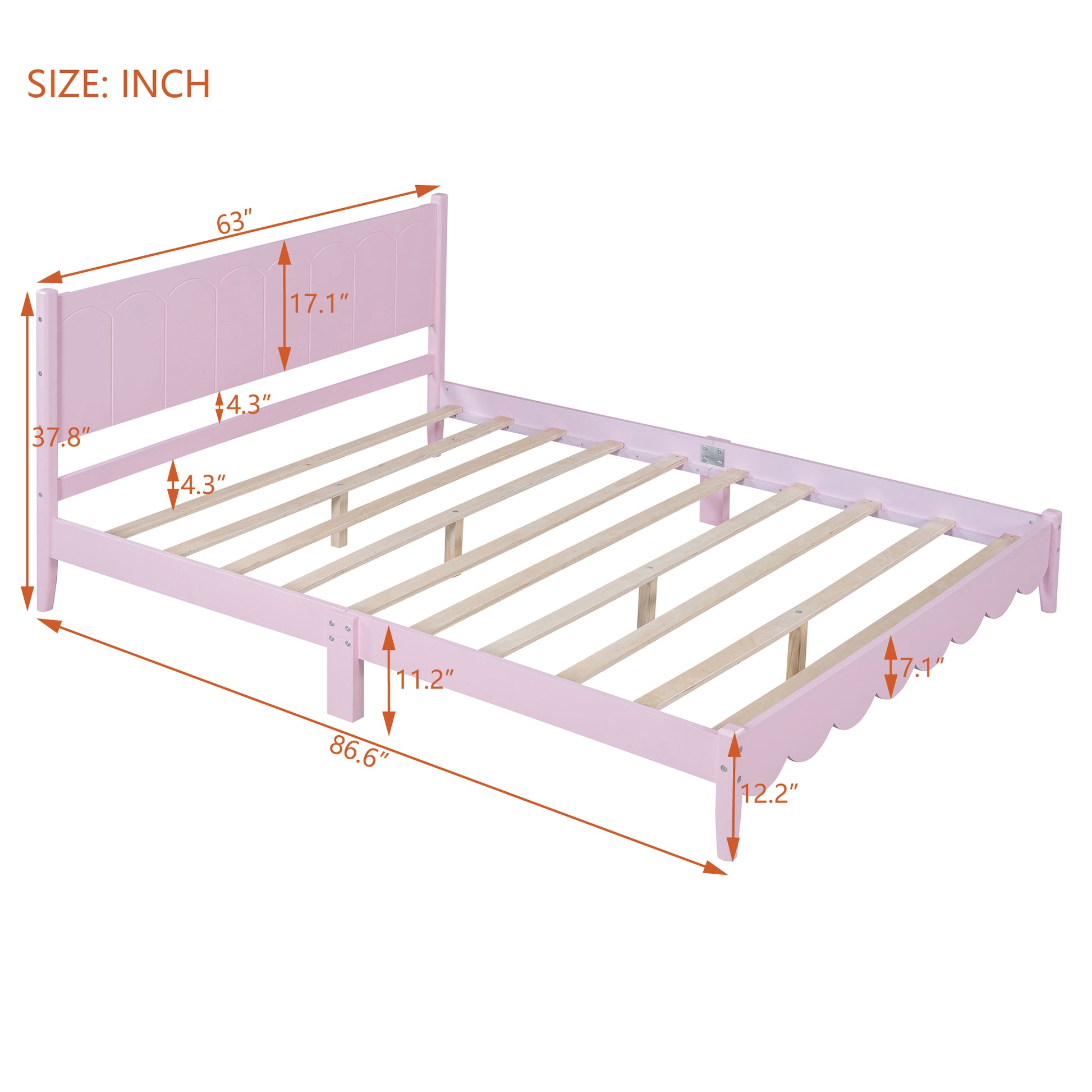 Queen Size Wood Platform Bed Frame, Retro Style Bed With Rectangular Headboard,No Need Box Spring,Pink Queen Pink Wood