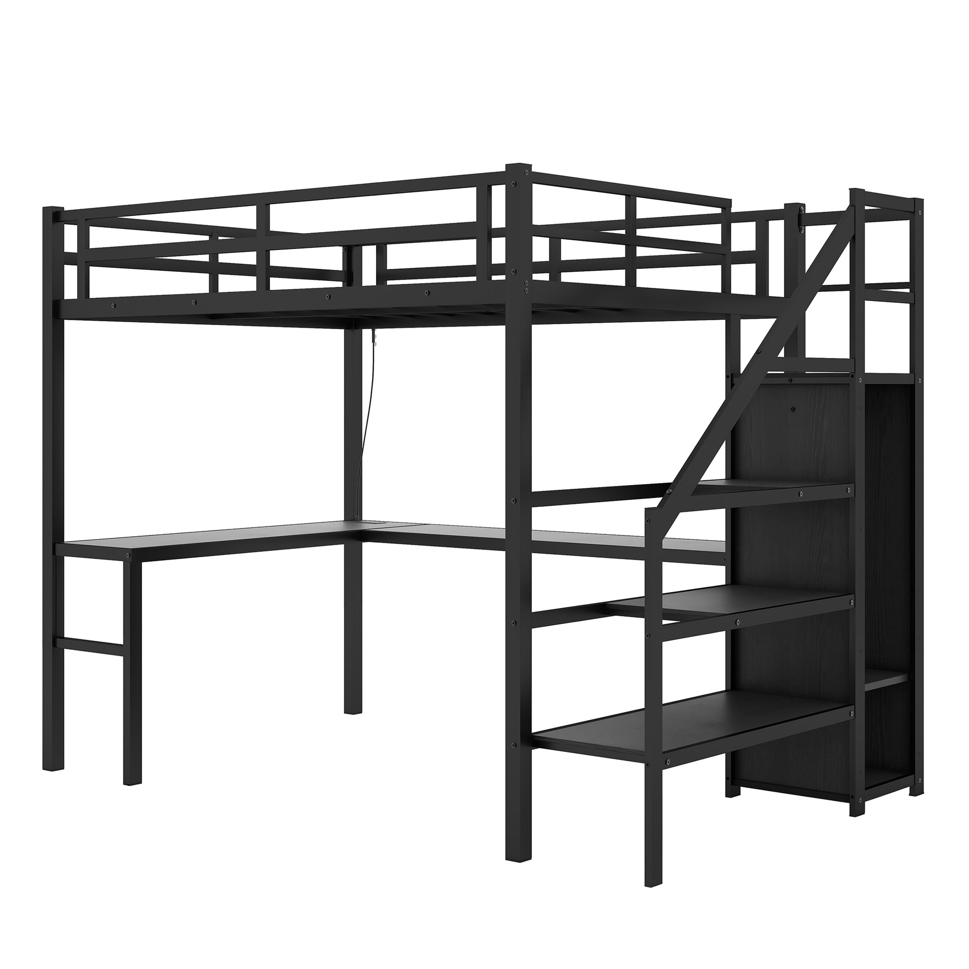 Full Size Loft Bed With L Shaped Desk And Usb, Metal Loft Bed With Wardrobe And Adjustable Shelf, High Loft Bed With Led For Kids Teens Adults, Black Full Black Metal