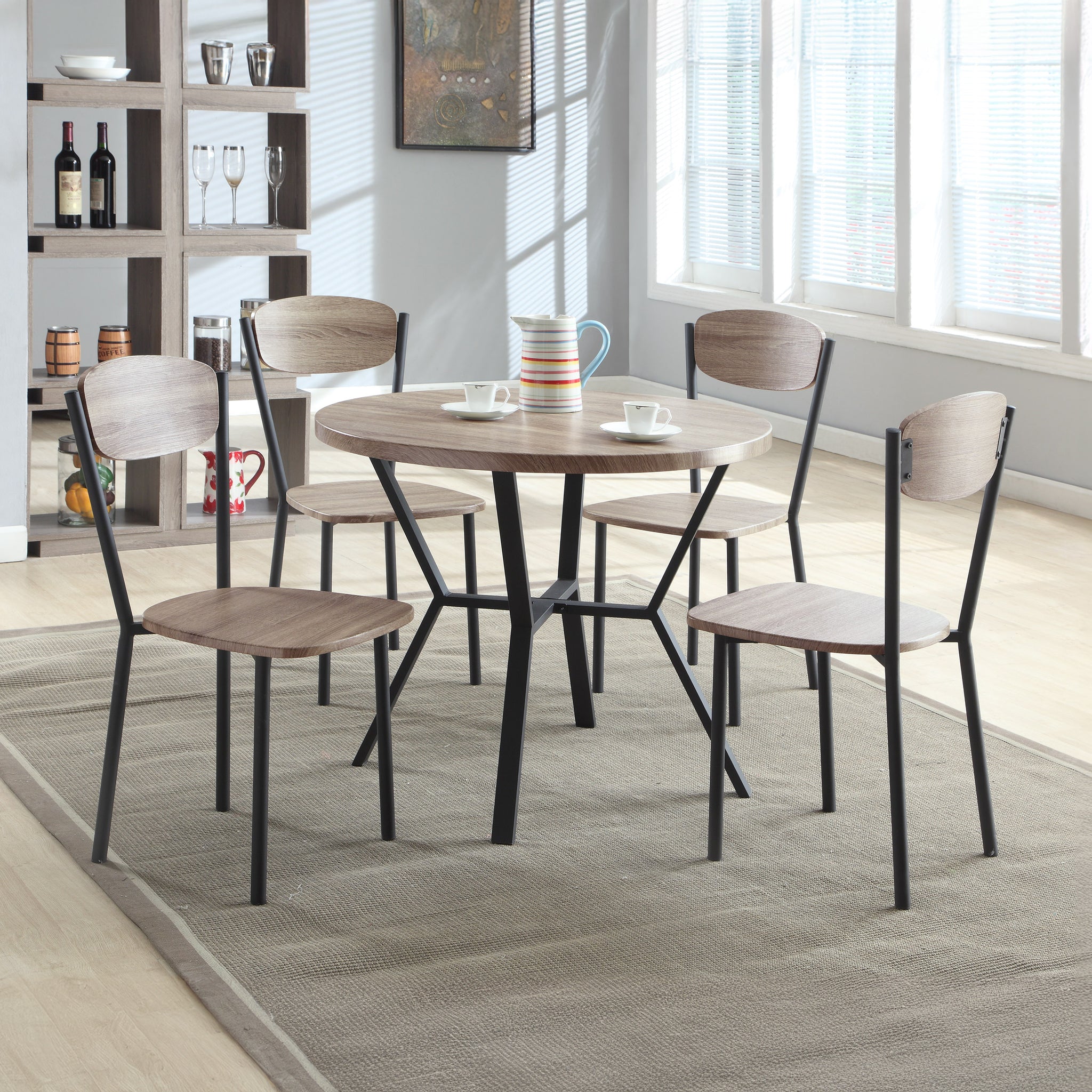 5 Piece Black Graywash Round Dining Set Table Chairs Rustic Gray Finish Dining Room Wooden Furniture Wood Wood Black,Brown,Gray Seats 4 Wood Dining Room 60 Inches Contemporary,Modern Round Dining