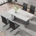 Modern Minimalist Dining Table. Imitation Marble Glass Sticker Desktop, Stainless Steel Legs, Stable And Beautiful. 4 Black Pu Seats. 63 
