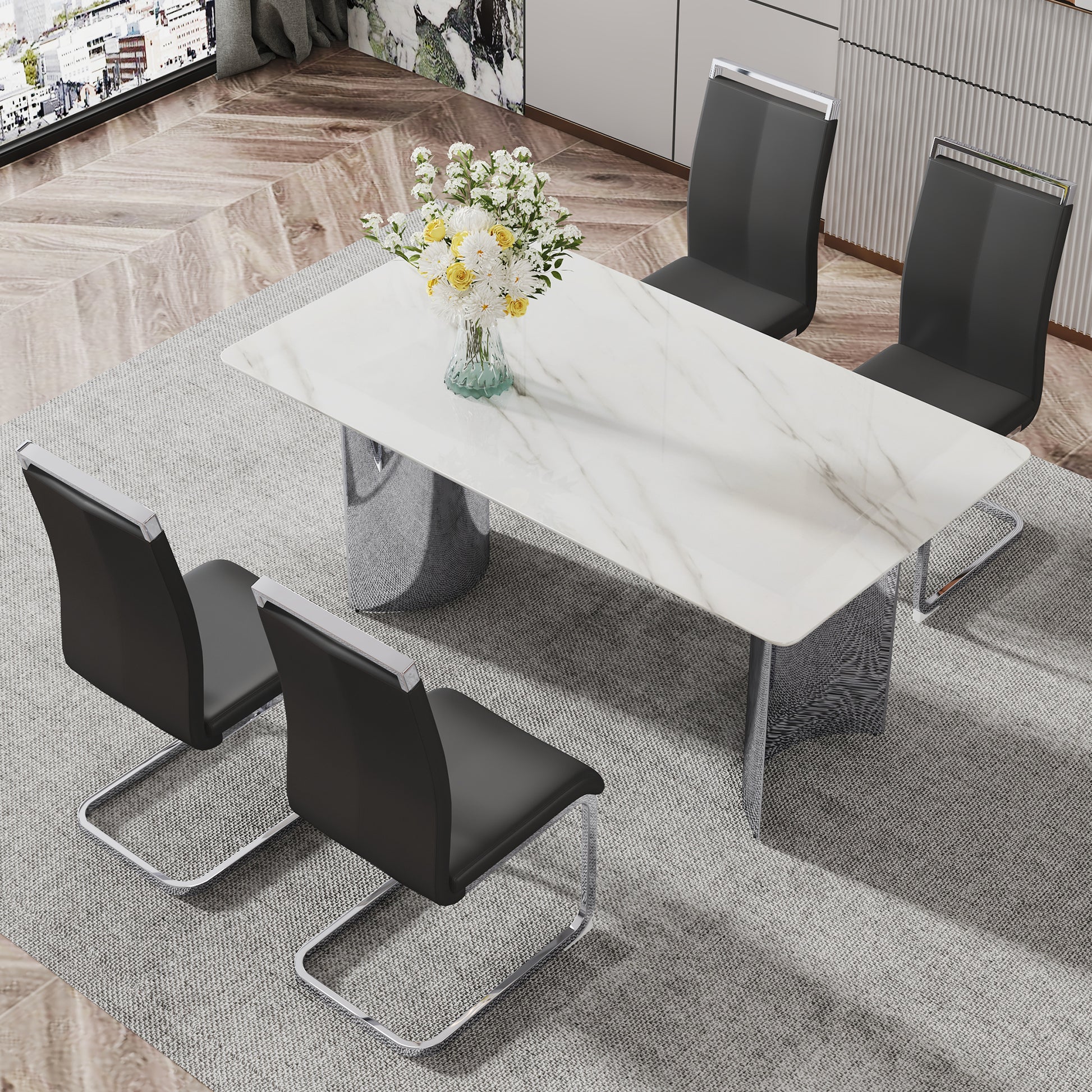 Modern Minimalist Dining Table. Imitation Marble Glass Sticker Desktop, Stainless Steel Legs, Stable And Beautiful. 4 Black Pu Seats. 63 "* 35.4" * 29.5 "Dt 69 C 1162 Silver Glass