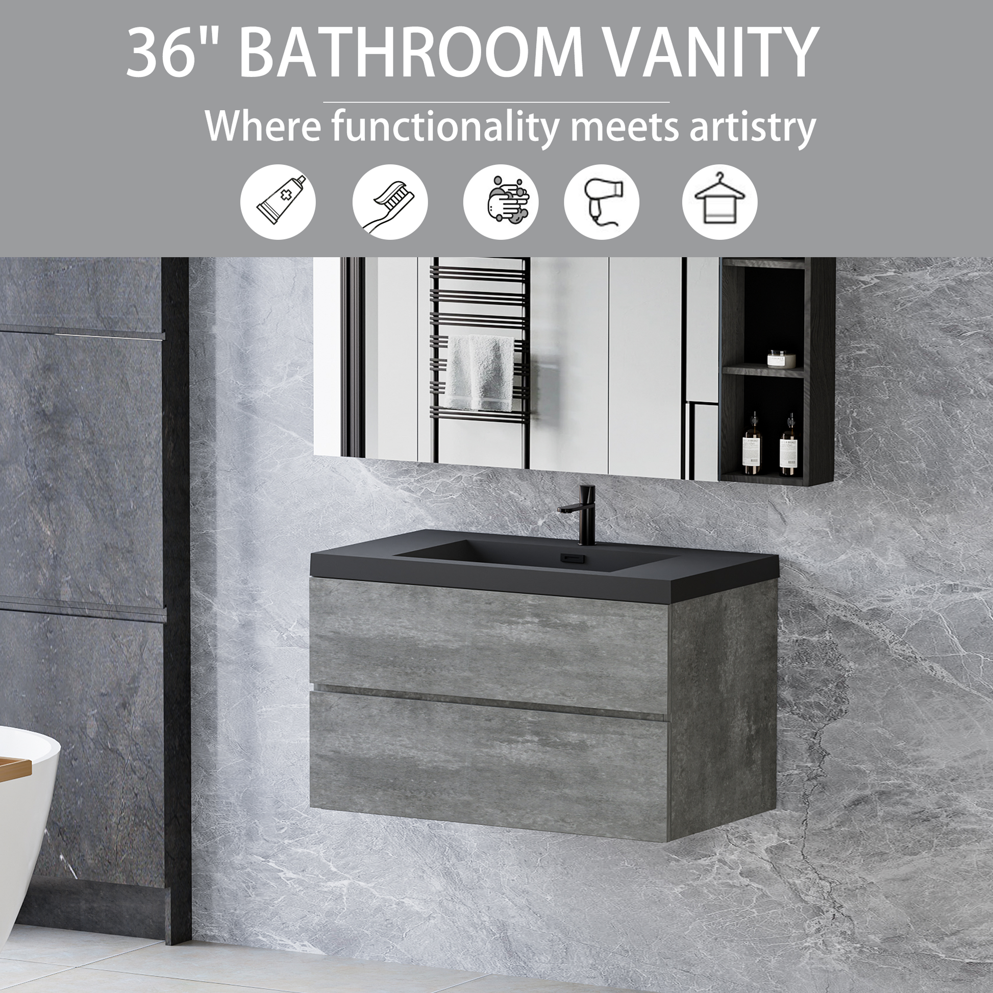 36" Floating Bathroom Vanity With Sink, Modern Wall Mounted Bathroom Storage Vanity Cabinet With Black Quartz Sand Top Basin And Soft Close Drawers, Grey 24V12 36Gr 2 Grey Plywood