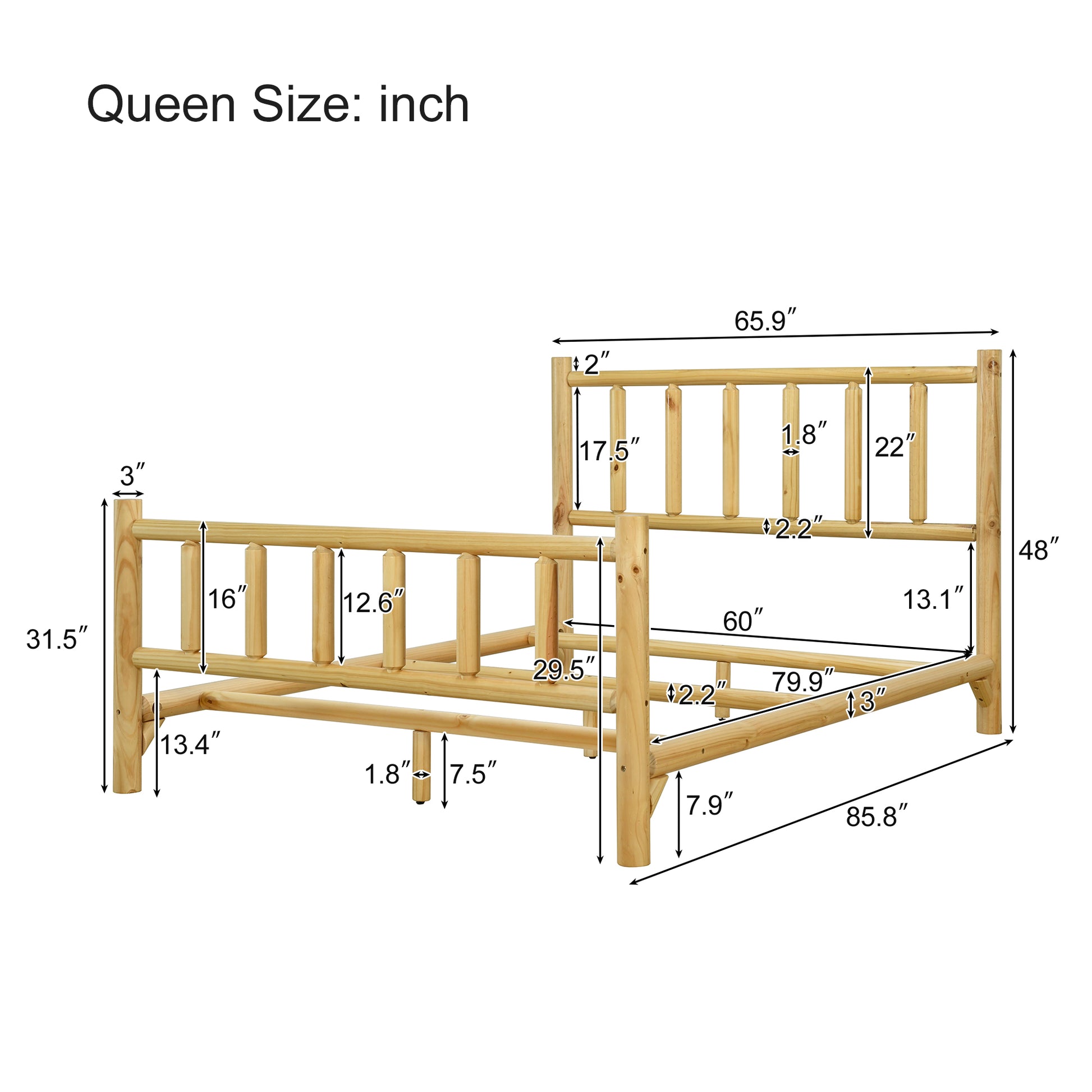 Farmhouse Log Bed Frame Queen Rustic Style Pure Solid Pine Cylinder Construction Bed Fits Mattresses And Box Springs, Natural Finish Queen Natural Pine