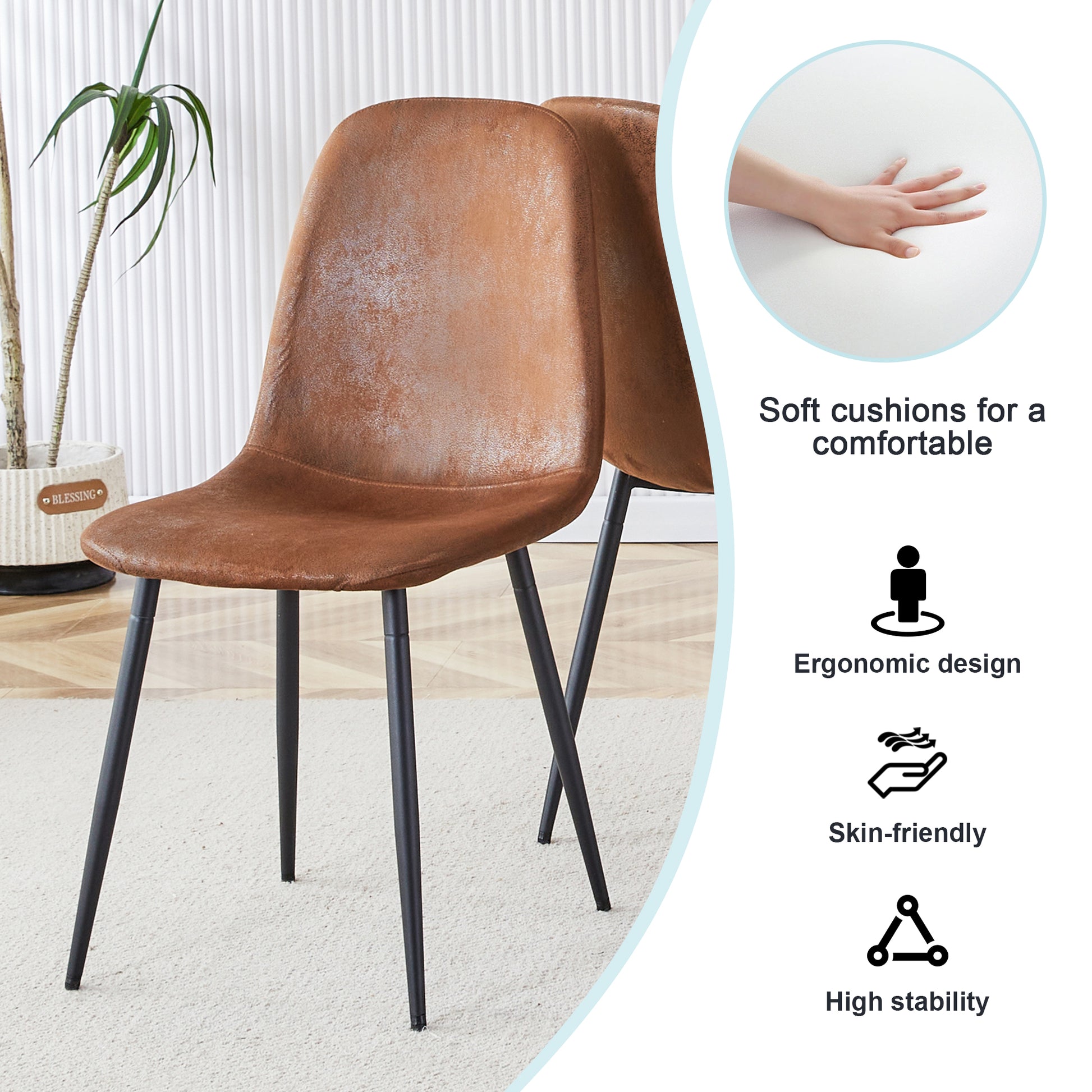 Table And Chair Set.Modern Dining Table, Tempered Glass Countertop With Artistic Mdf Legs.Paried With 4 Brown Chairs With Soft Linen Fabric Cushions And Black Metal Legs.Suitable For Various Styles. Black Brown,Transparent Seats 4 Mdf Metal