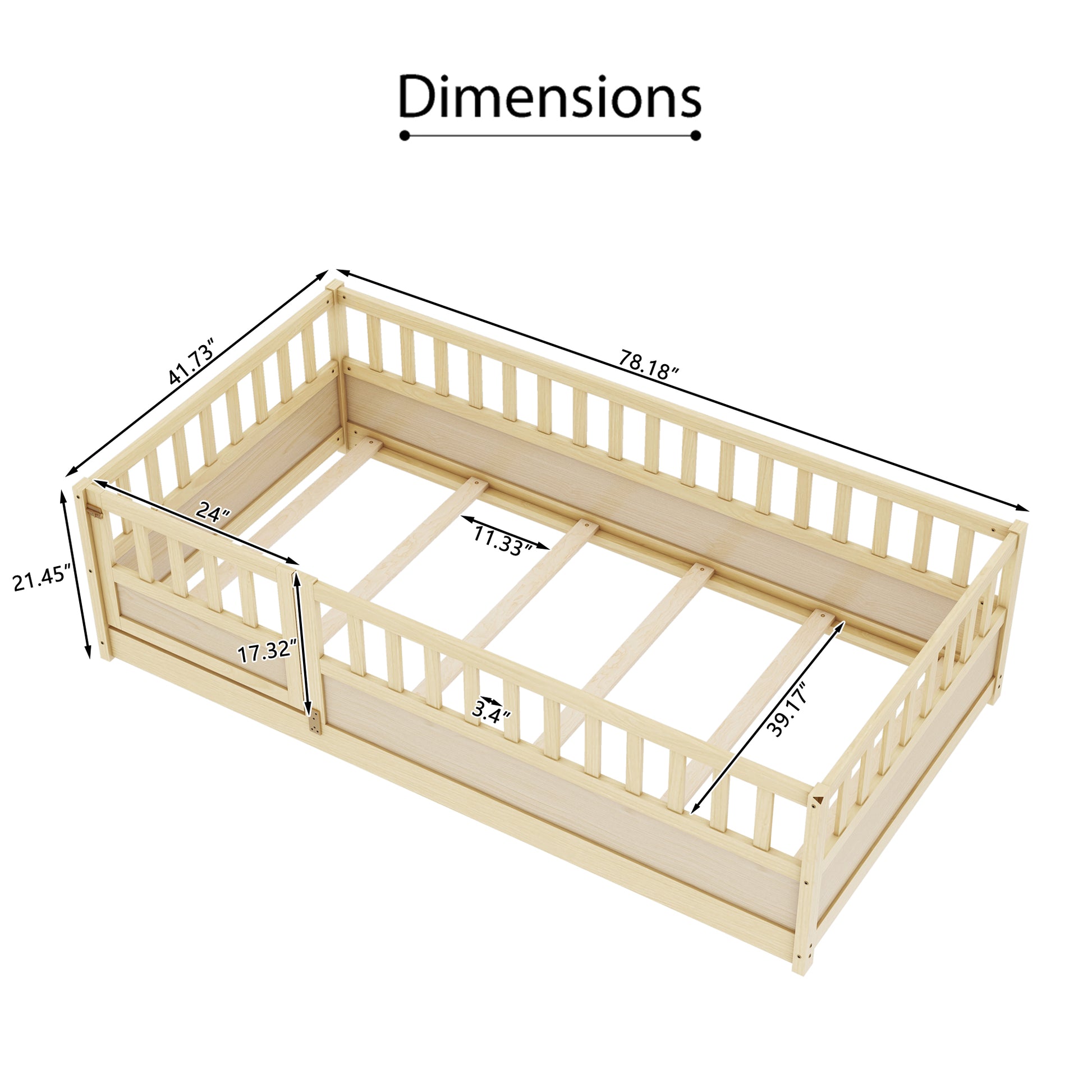 Twin Size Floor Bed, Integral Construction With Super High Security Barrier, Door, Children'S Floor Bed Frame, Montessori Wooden Children'S Floor Bed, Support Slat Natural Wood Box Spring Required