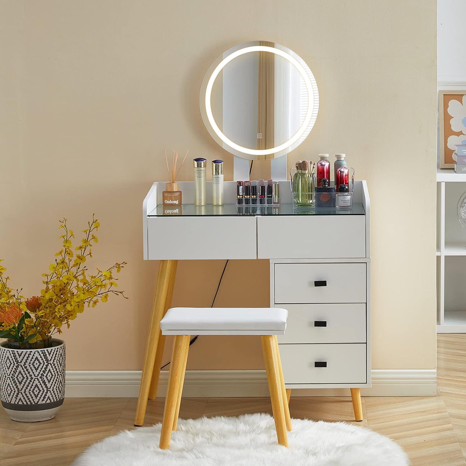Dressing Table With Led Lights Glass Top Dressing Table With Extendable Side Table 5 Drawers Dressing Table With Mirror And Stool For Bedroom White Drawer 5 Drawers & Above Bedroom Modern Mirror Included White Particle Board Mdf