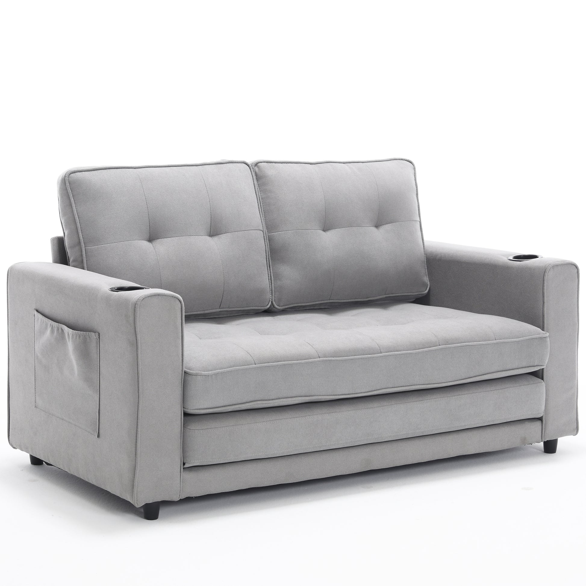 3 In 1 Upholstered Futon Sofa Convertible Sofa Bed,Foldable Tufted Loveseat With Pull Out Sleeper Couch Bed,Folding Mattres Beautiful Seat Daybed W Side Pockets And Cup Holder, Light Gray Light Gray Foam Fabric