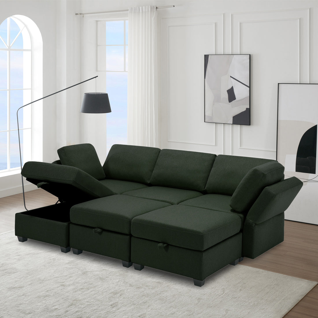 Modular Sectional Sofa Couch Bed With Storage 6 Seater, Sleeper Sofa Bed Couch With Reversible Chaise Ottomans, Adjustable Arms And Backs Green Green Polyester 3 Seat