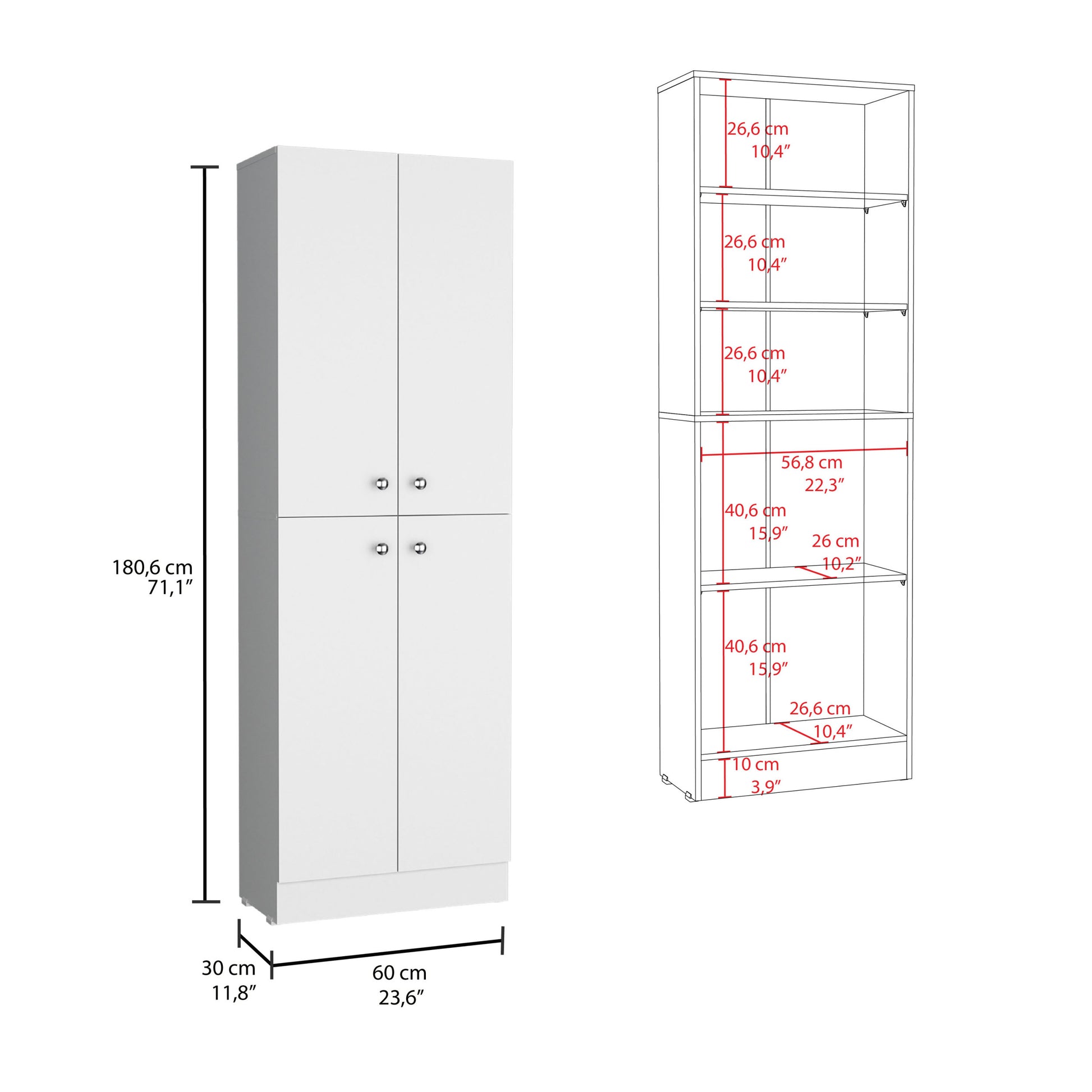 Lynch Kitchen Pantry Storage Cabinet 71" Height, With 4 Doors, 5 Adjustable Shelves, Freestanding Cupboard For Dining Room Living Room, Laundry Freestanding White Kitchen Modern Particle Board Engineered Wood