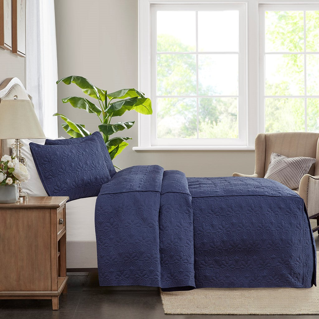 3 Piece Split Corner Pleated Quilted Bedspread Navy King Navy Polyester