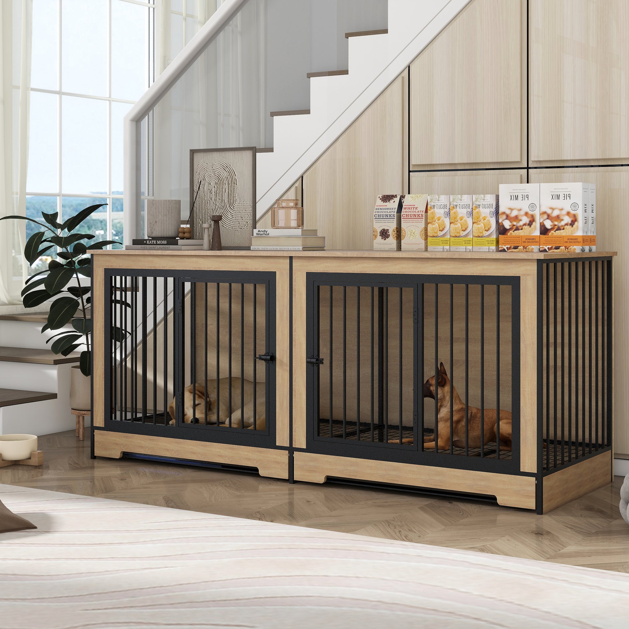Dog Crate Furniture With Two Combined Room, Xl Large Double Dog Cage Furniture With Tray For Medium Large Dogs, Wooden Dog Kennel Furniture Black Natural Mdf Iron