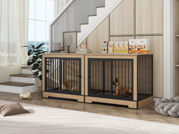 Dog Crate Furniture With Two Combined Room, Xl Large Double Dog Cage Furniture With Tray For Medium Large Dogs, Wooden Dog Kennel Furniture Black Natural Mdf Iron