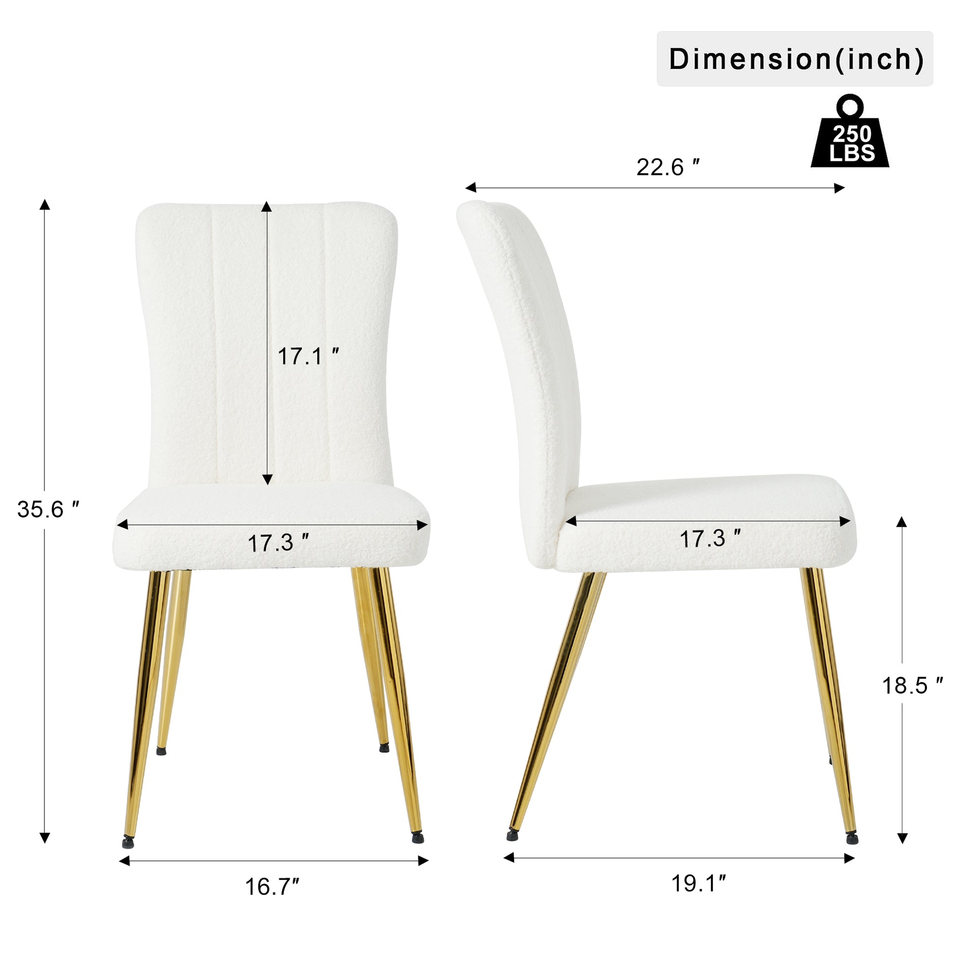 Modern White Teddy Wool Dining Chair, Upholstered Chair With Fabric Accent Side Chair With Gold Plated Metal Legs For Family Furniture Living Room, Bedroom, Kitchen, Dining Room Set Of 4 Metal White