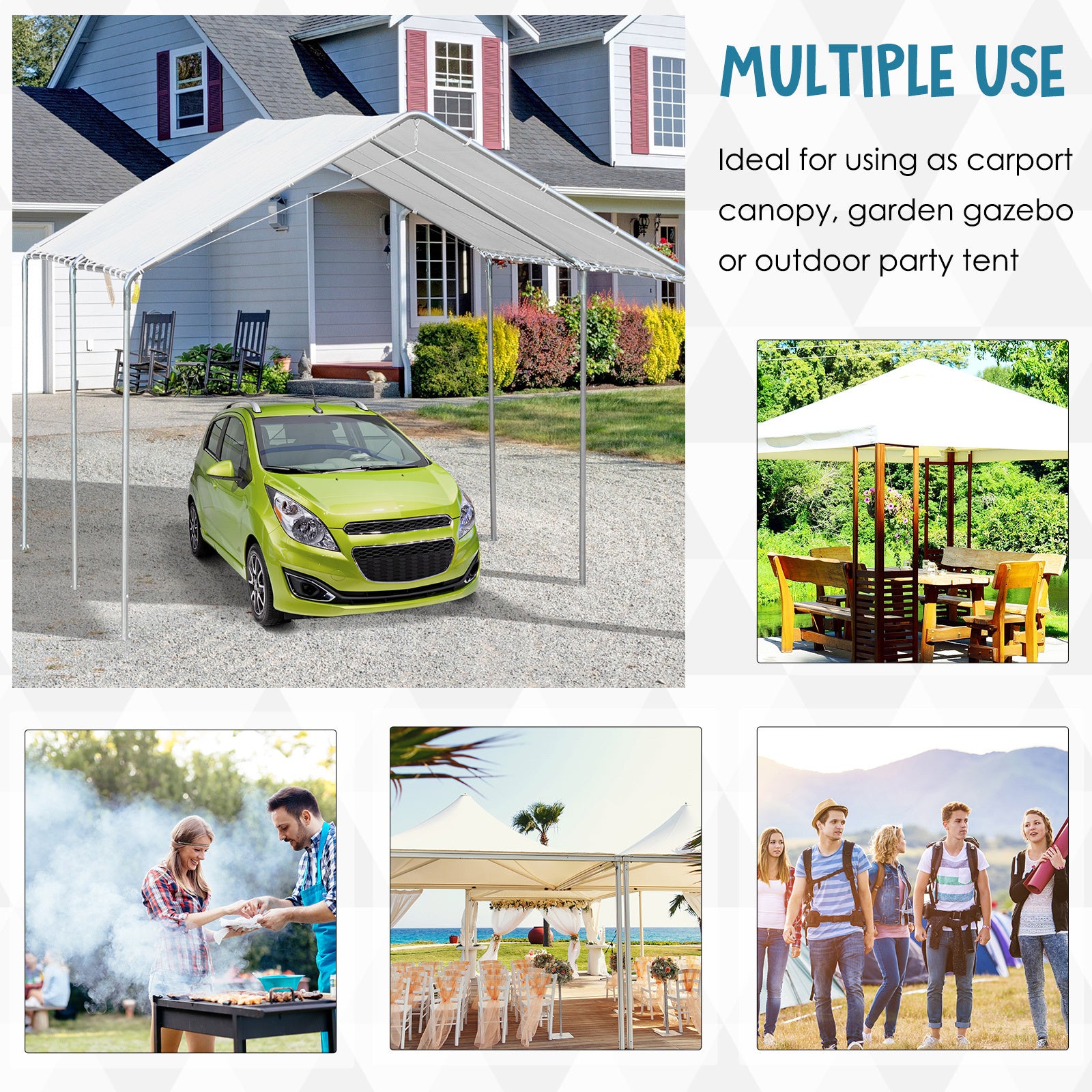 Outsunny 10'X20' Carport Heavy Duty Galvanized Car Canopy With Included Anchor Kit, 3 Reinforced Steel Cables, White White Steel