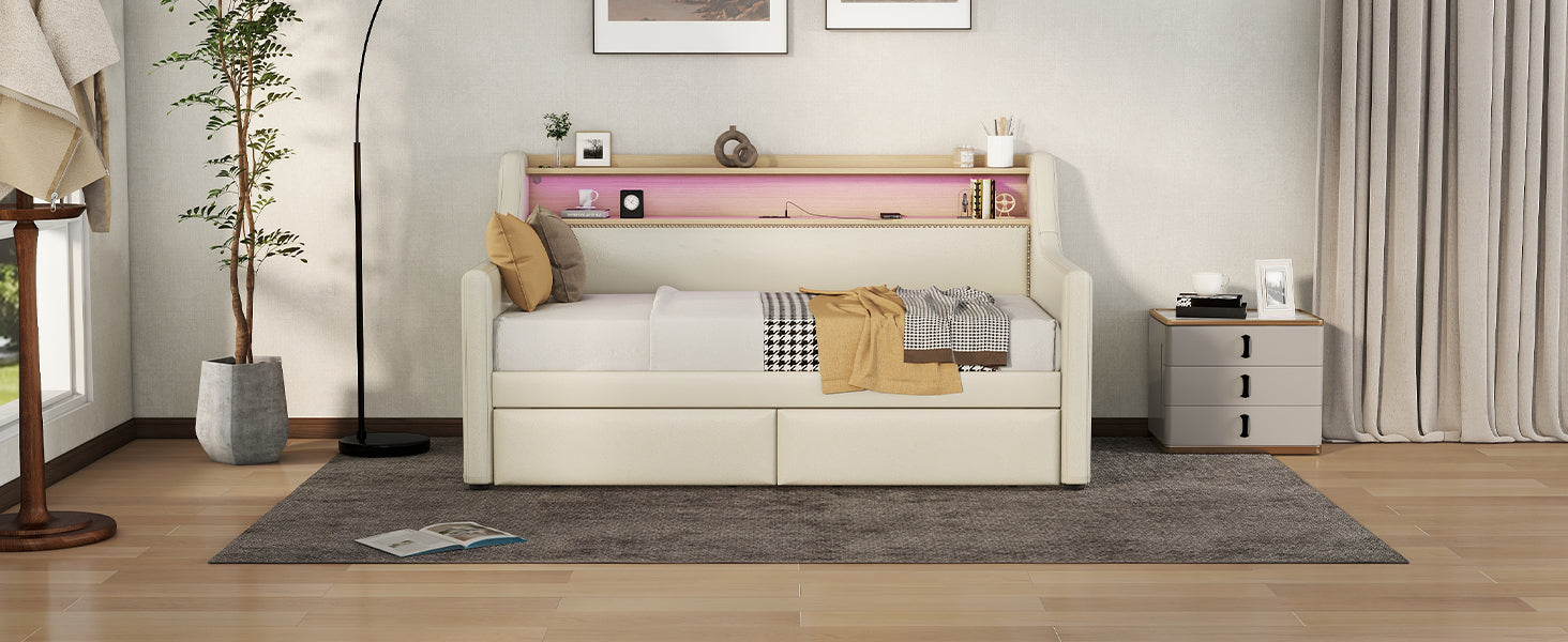 Twin Size Daybed With Storage Drawers, Upholstered Daybed With Charging Station And Led Lights, Beige Old Item W1580S00022 Twin Beige Pu Leather