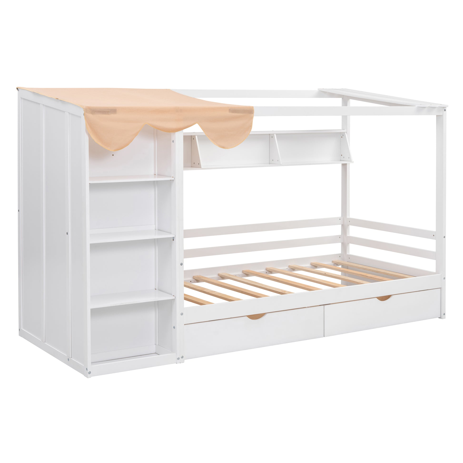 Twin Size House Bed With Two Drawers And Wardrobe,White Twin White Solid Wood