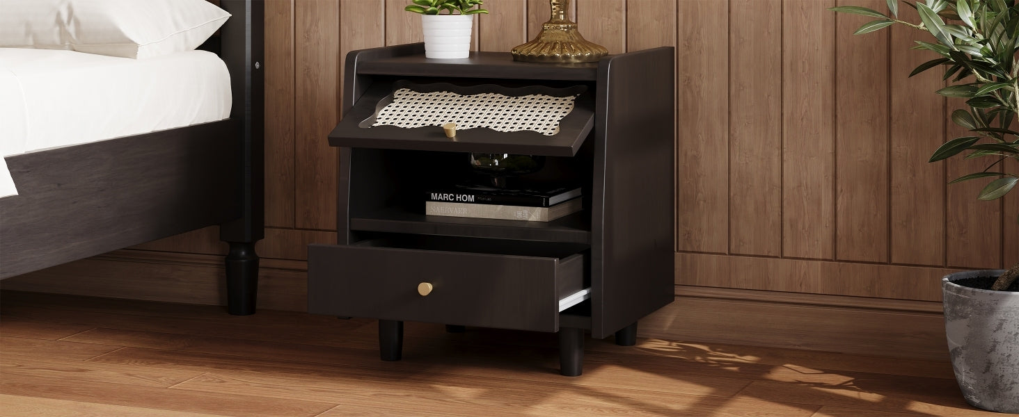 Wooden Nightstand With Rattan Woven Storage Cabinet And 1 Drawer, Exquisite Elegance With Natural Storage Solutions For Bedroom, Black Expected Arrival Time: 08.23 Black 1 Drawer Wood