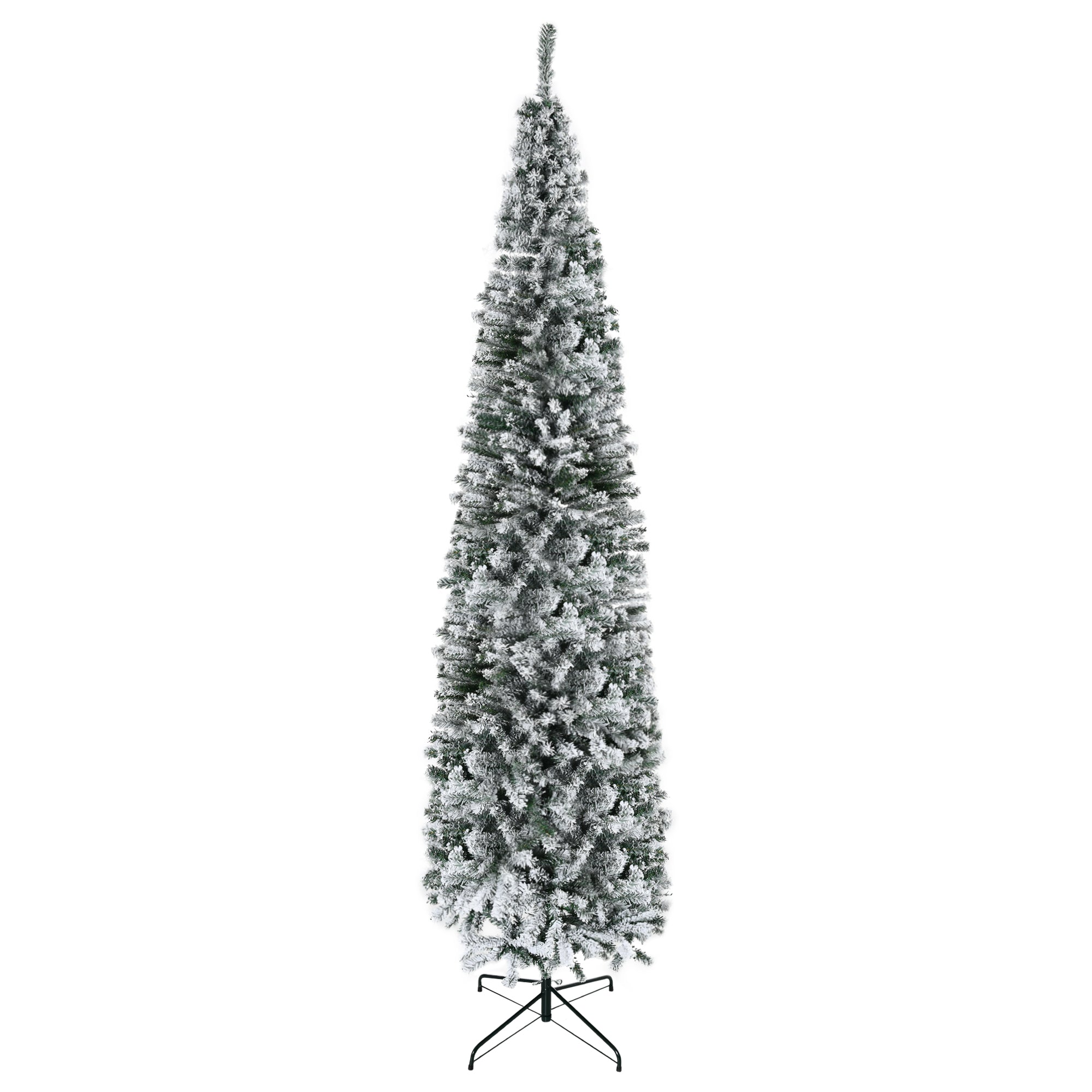 Homcom 9' Tall Unlit Snow Flocked Slim Artificial Christmas Tree With Realistic Branches And 1014 Tips Green Pvc