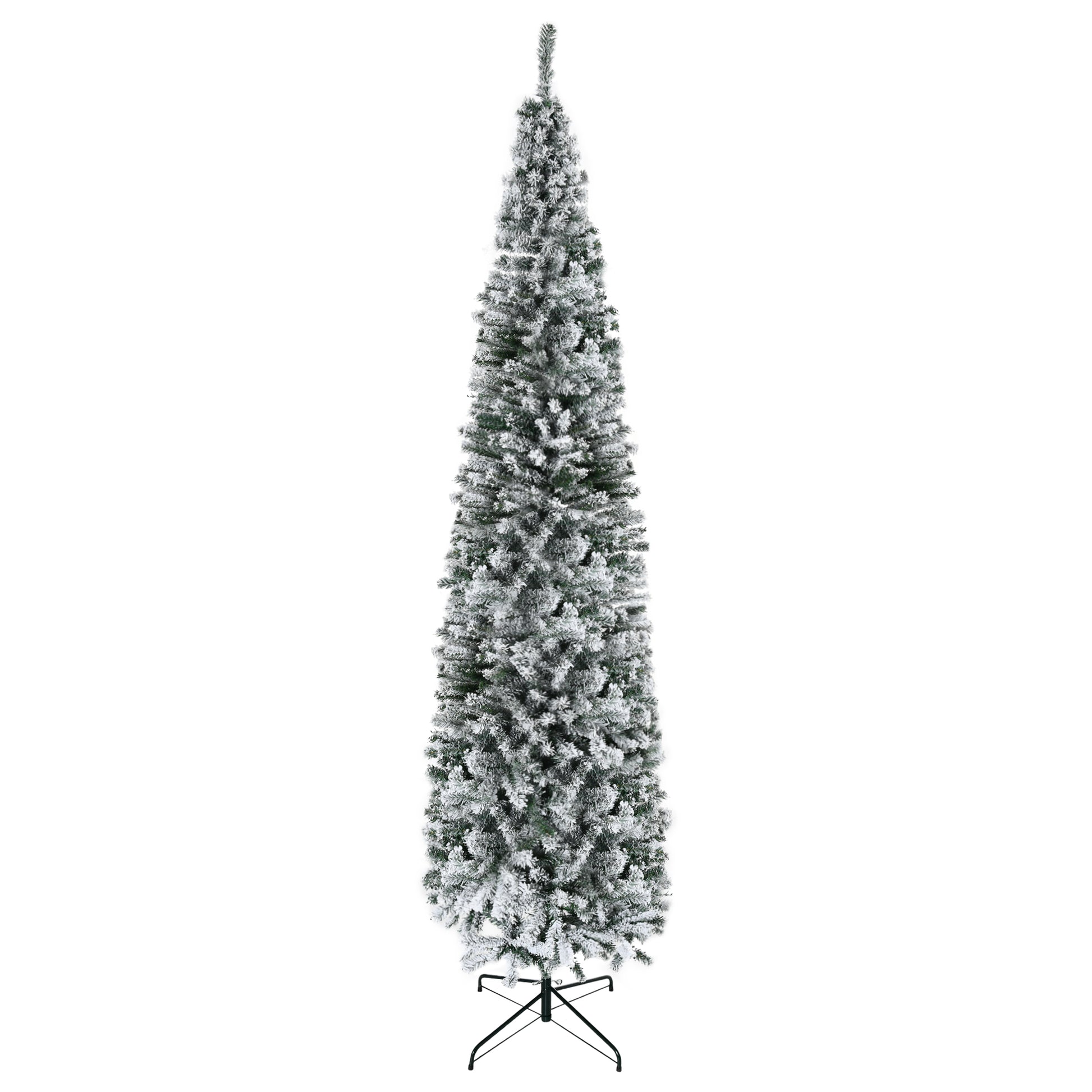 Homcom 9' Tall Unlit Snow Flocked Slim Artificial Christmas Tree With Realistic Branches And 1014 Tips Green Pvc
