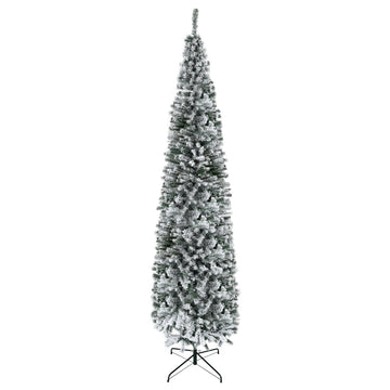 Homcom 9' Tall Unlit Snow Flocked Slim Artificial Christmas Tree With Realistic Branches And 1014 Tips Green Pvc