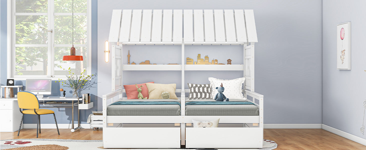 Twin Size House Platform Beds With Two Drawers For Boy And Girl Shared Beds, Combination Of 2 Side By Side Twin Size Beds,White Twin White Solid Wood Mdf