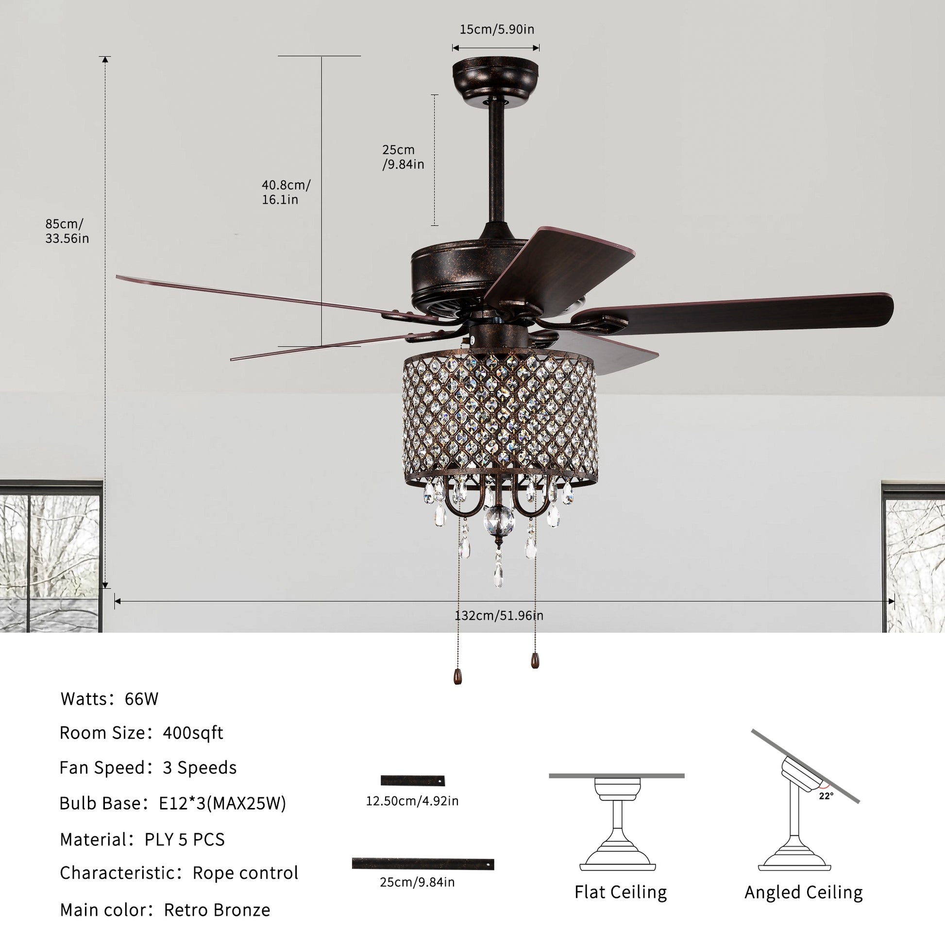 52'' Classical Crystal Ceiling Fan Lamp,3 Speed5 Reversible Blades For Living Room, Dining Room, Bedroom, Family Room, Rustic Bronze ,3Pcs*E12 No Include Bulb Hand Pull Chain Rustic Brown American Traditional,Antique,Classic,Contemporary Crystal Metal