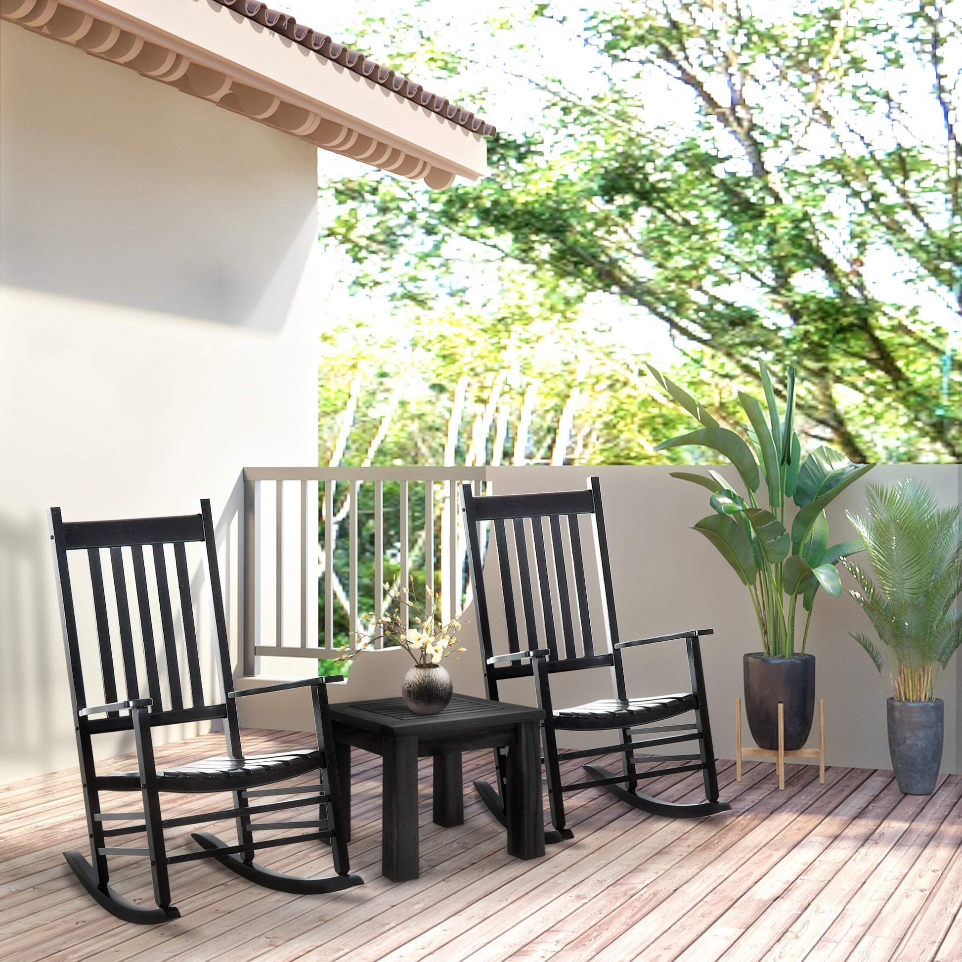 Outsunny Outdoor Rocking Chair, Patio Wooden Rocking Chair With Smooth Armrests, High Back For Garden, Balcony, Porch, Supports Up To 352 Lbs., Black Black Wood