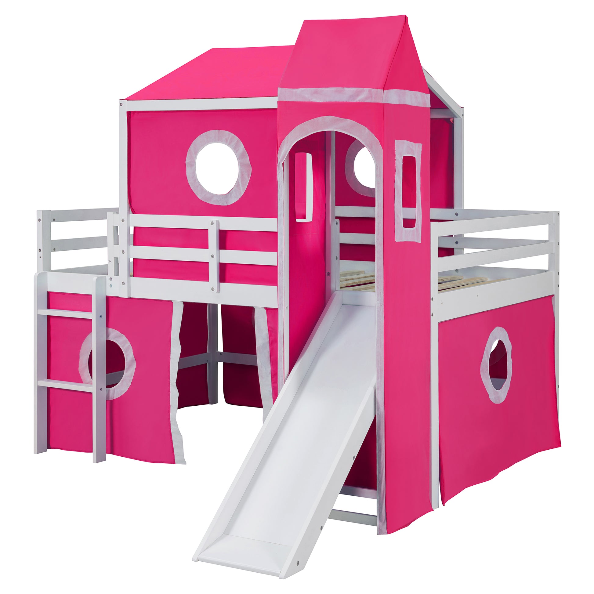 Full Size Loft Bed With Slide Pink Tent And Tower Pink Old Sku:Wf298771Aah Full Pink Solid Wood