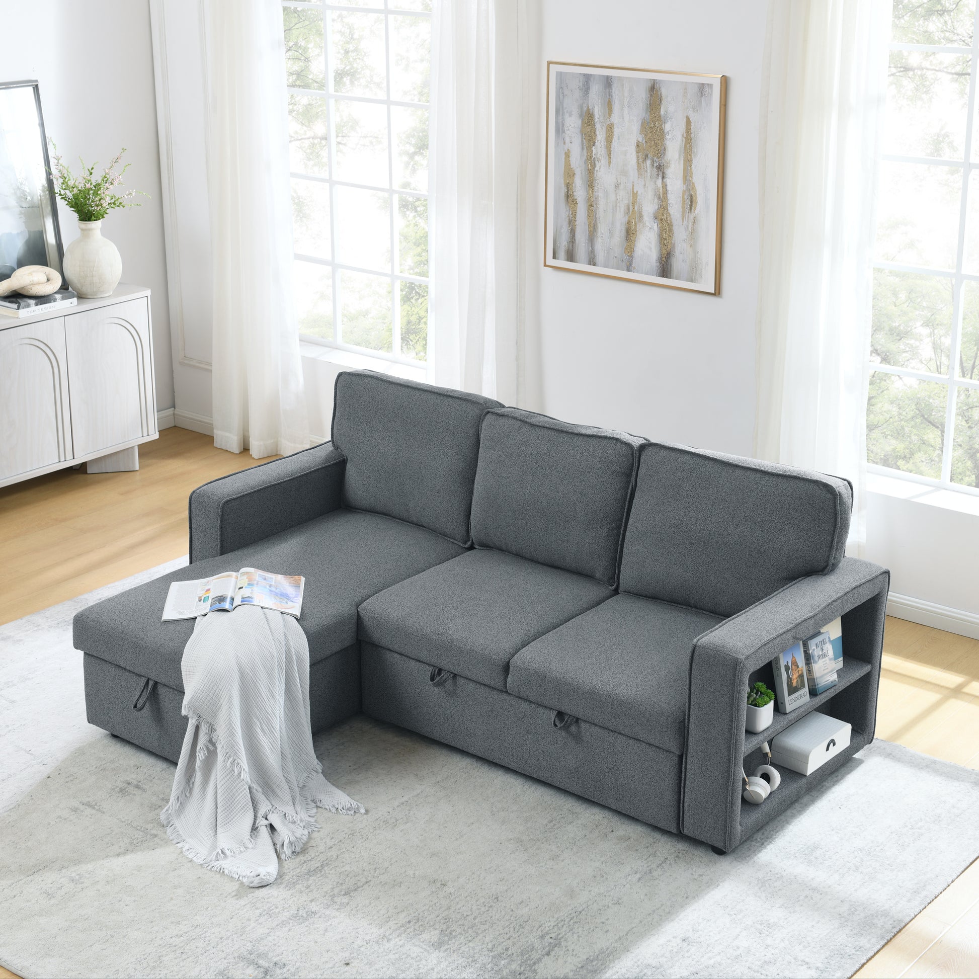 Linen Upholstered Sleeper Sectional Sofa, Shaped Modular Convertible Sofa With Storage Chaise,There Are Two Cup Holders In The Middle And Usb Multi Interface Function,Pull Out Sleep Couch Bed ,Grey