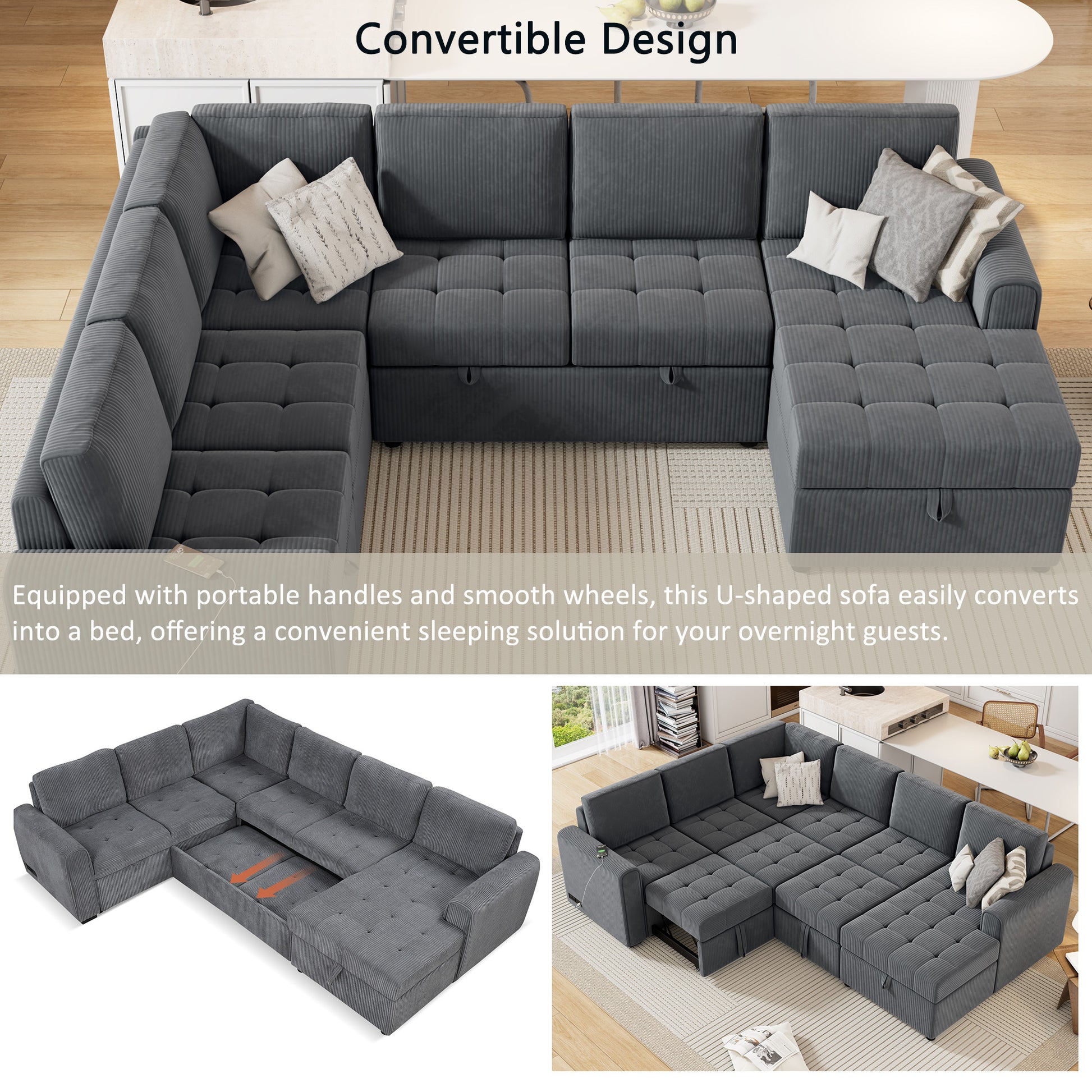 107.5" U Shaped Sofa Sectional Sofa Pull Out Sofa Bed With A Storage Chaise Lounge, Charging Devices For Living Room, Gray Gray Foam Corduroy 5 Seat