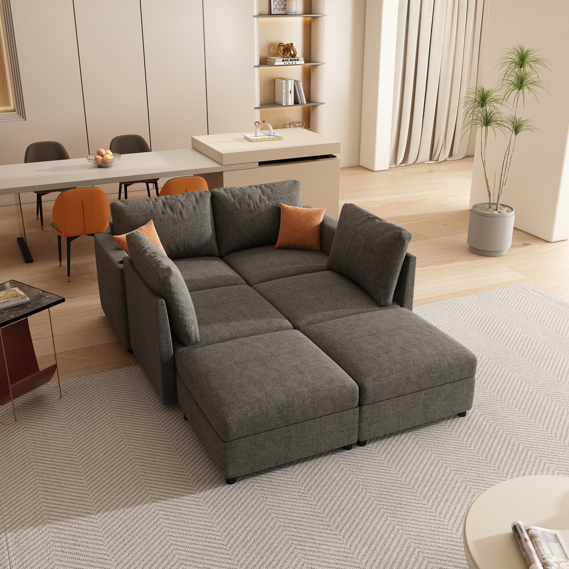 Modern Large Sectional Sofa, U Shape Modular Sectional Couch With Storage Function,123" Sofa Bed With Ottoman,6 Seat Sectionals Chaise For Living Room,Chenille Grey Fabric 6 Seat