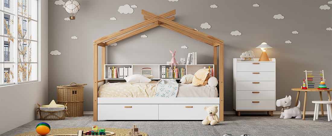 White Full Size Wooden House Bed Original Wood Colored Frame With Two Drawers And Bookshelf Storage Space For Children Or Guest Room Full White Wood