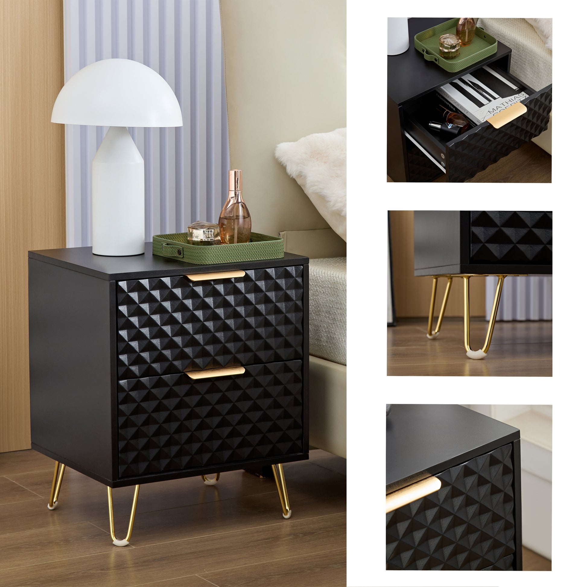 Black Nightstand,Luxury Carving Board 2 Drawer Night Stand Bed Side Table With Metal Legs, 20" Tall Wood Black Night For Bedroom, Living Room, Lounge 1 Pack Black 2 Drawers Bedroom American Design,American Traditional Particle Board Particle Board