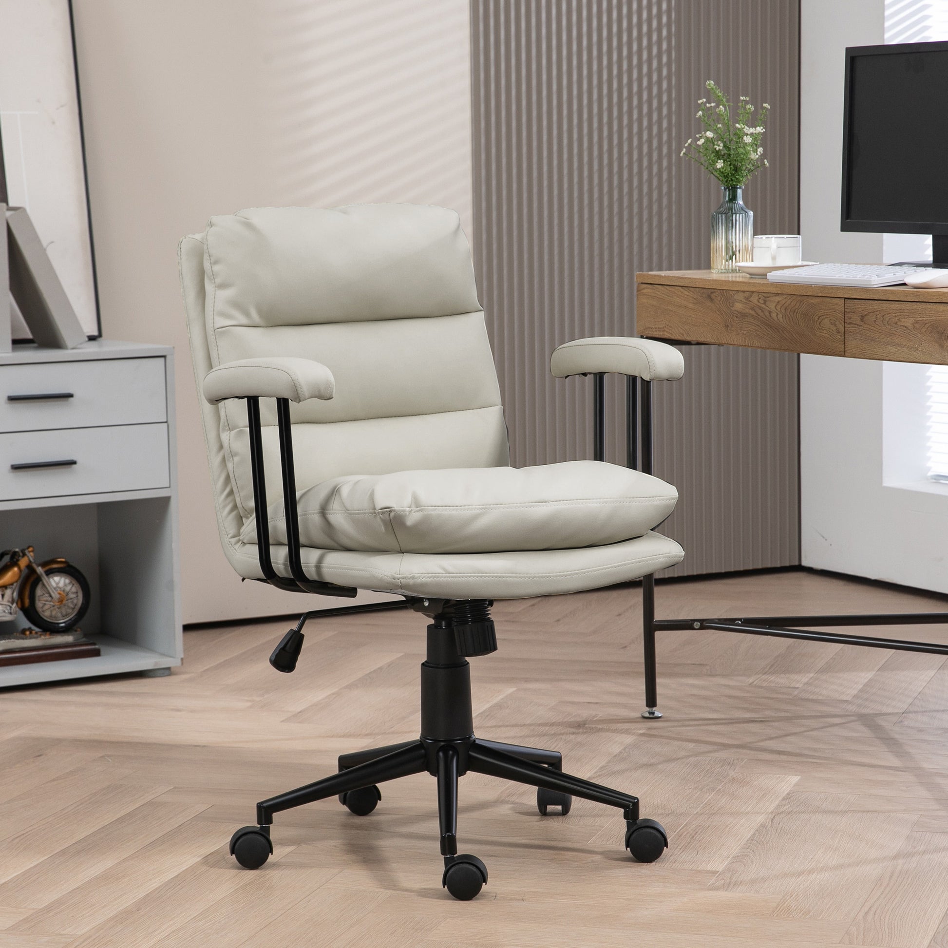Homcom Pu Leather Office Chair, Office Desk Chair, Task Computer Chair With Swivel Wheels, Adjustable Height, Double Tier Padded, Light Gray Light Gray Faux Leather