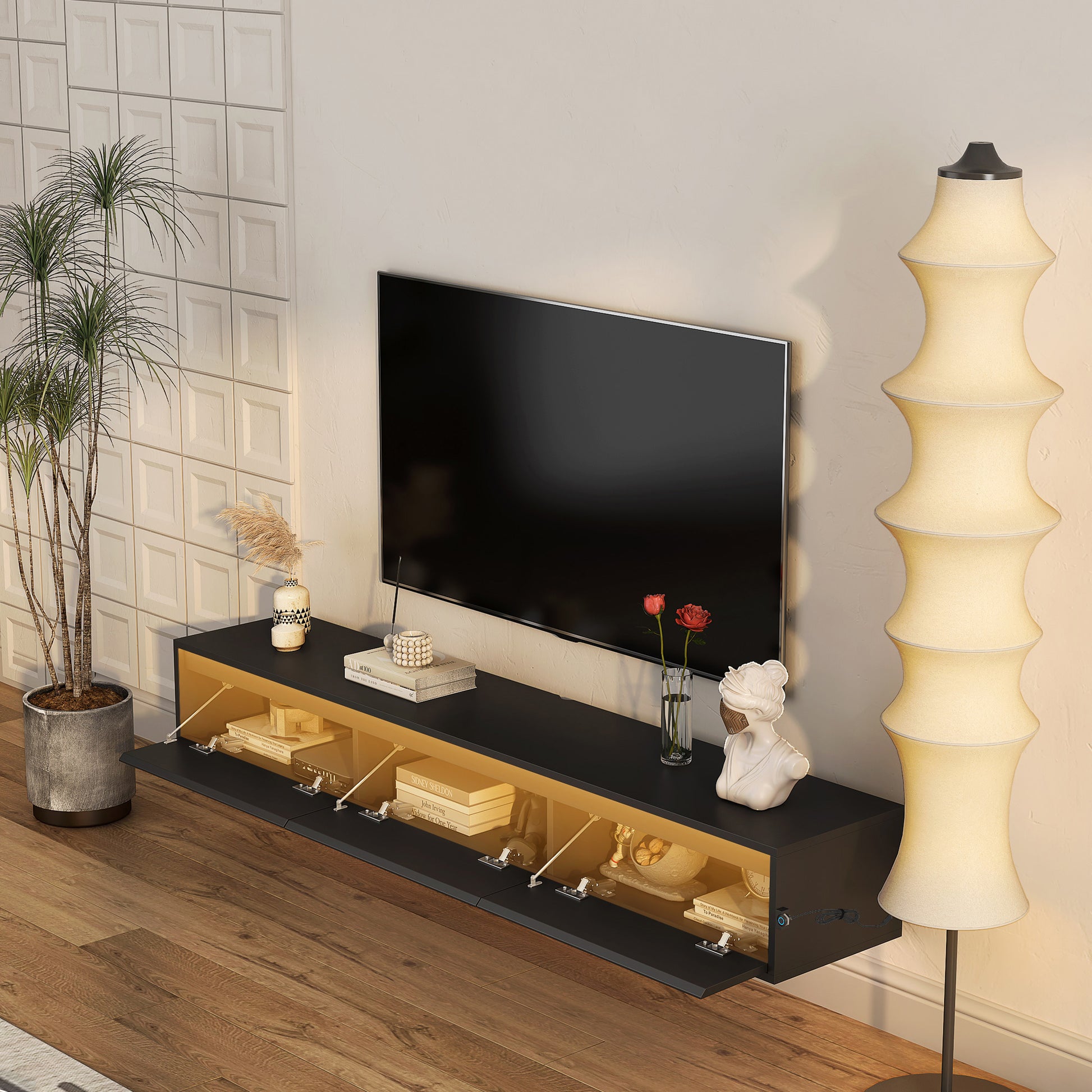 Floating Tv Stand, Wall Mounted Tv Shelf With Led Lights & Power Outlet,High Gloss Tv Cabinet For Black Tv Stands For Living Room Black 60 69 Inches Mdf