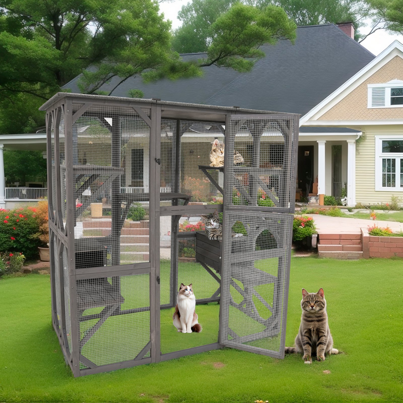 Catio Outdoor Cat Enclosure Cat Catio Cat House, Cat Cage Condo Indoor Playpen Kitty House Shelter With Multi Platforms, Waterproof Roof, Pull Out Tray 71.3" L X 38.4" W X 70.7" H Grey Solid Wood