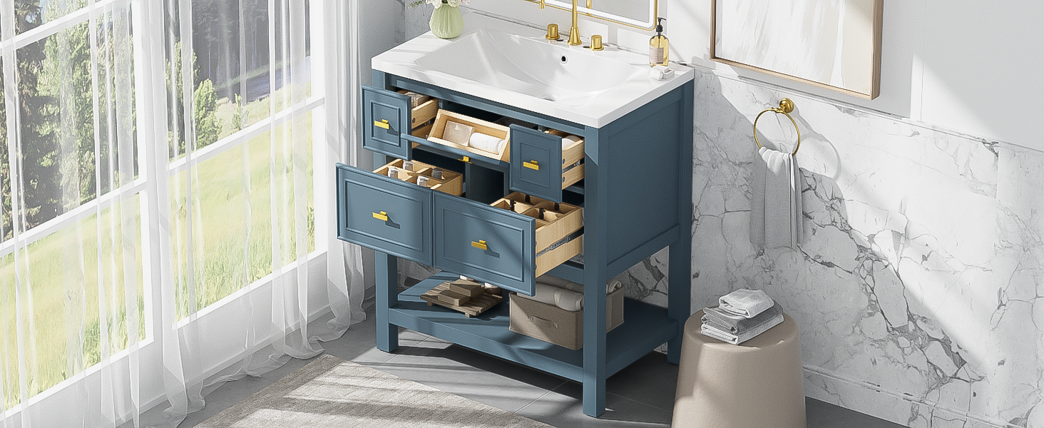 30'' Bathroom Vanity With Resin Sink Combo, Free Standing Single Vanity Set With 5 Drawers, Solid Wood Frame Bathroom Storage Cabinet, Blue 4 Blue 1 Bathroom Freestanding Modern Solid Wood Mdf Resin Painted