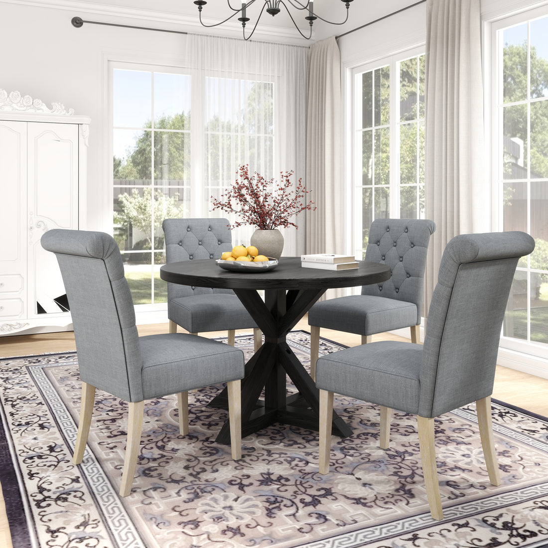 Banff 5 Piece Dining Set, Cross Buck Round Table With 4 Tufted Chairs, Gray Wood Dining Room Solid Wood Rubberwood Round Dining Table With Chair Wood Wood Black,Gray Solid Back Seats 4