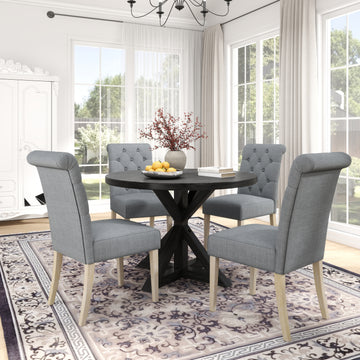 Banff 5 Piece Dining Set, Cross Buck Round Table With 4 Tufted Chairs, Gray Wood Dining Room Solid Wood Rubberwood Round Dining Table With Chair Wood Wood Black,Gray Solid Back Seats 4