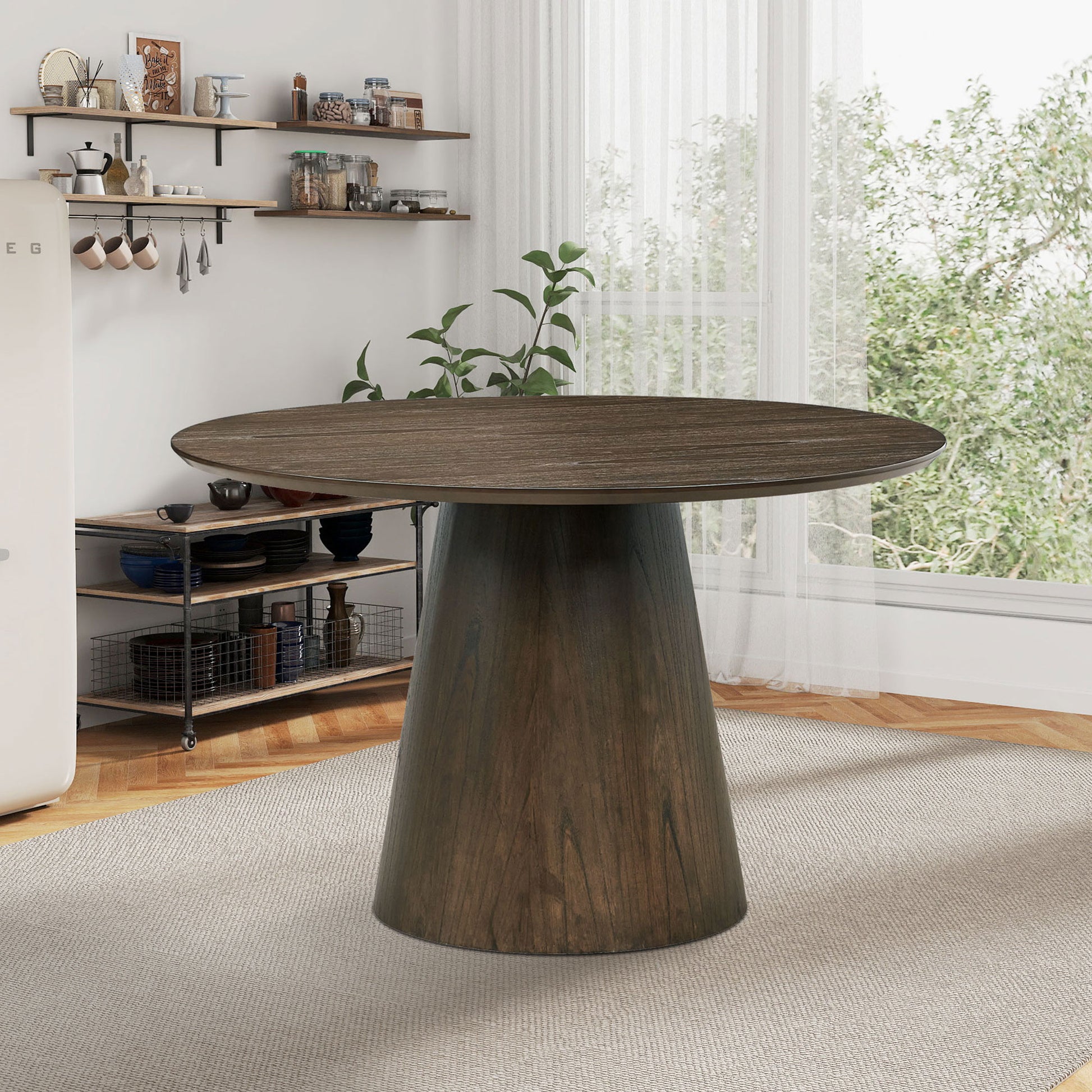 47.24'' Round Modern Style Mdf Wood Dining Table For Kitchen, Living Room, Cafe, Stylish Leisure Desk With Sturdy Cylindrical Base, For Small Spaces, Apartment,Walnut Walnut Mdf