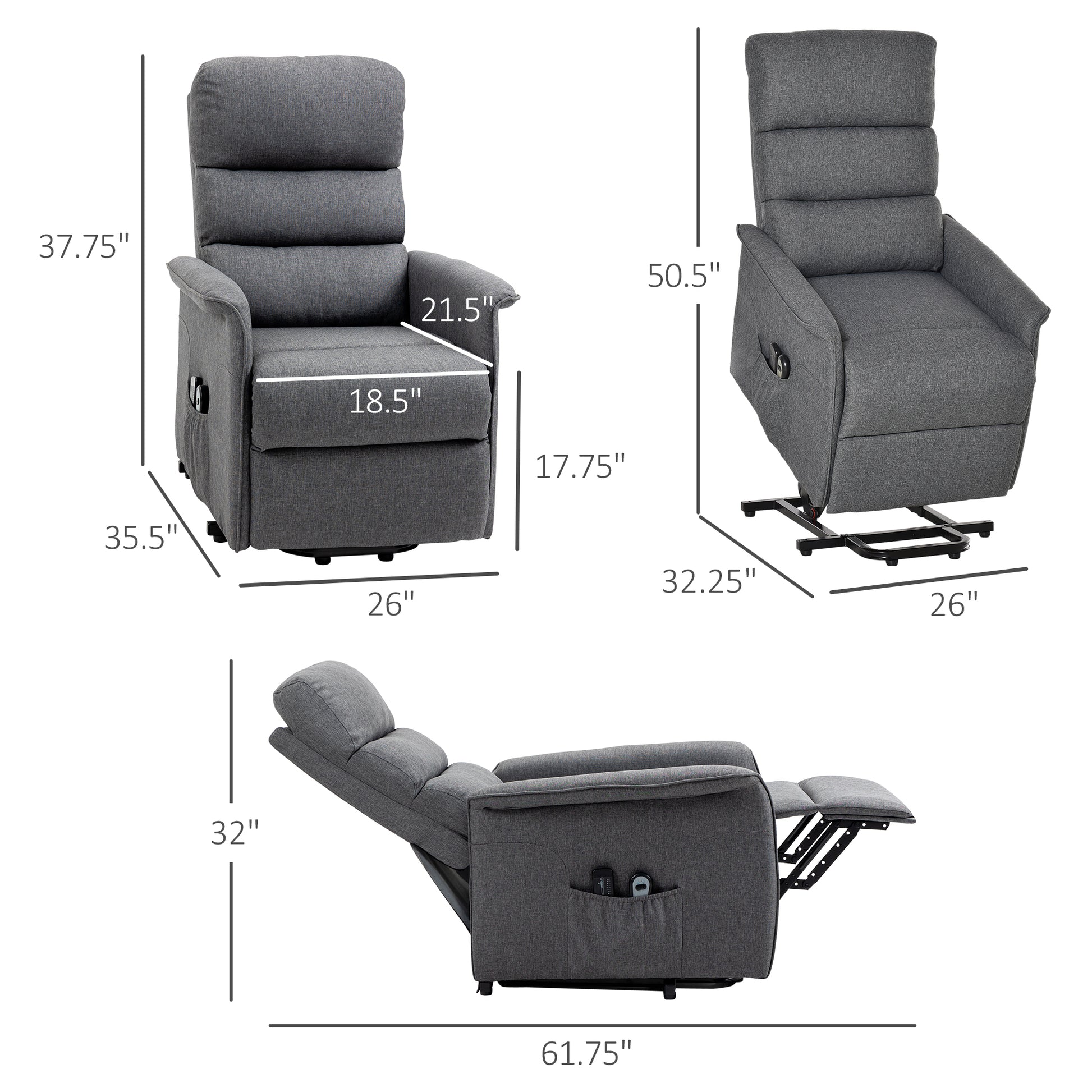 Homcom Power Lift Chair With Vibration Massage, Fabric Upholstered Recliner Chair For Elderly With Remote Control, Side Pockets, Grey Grey Steel