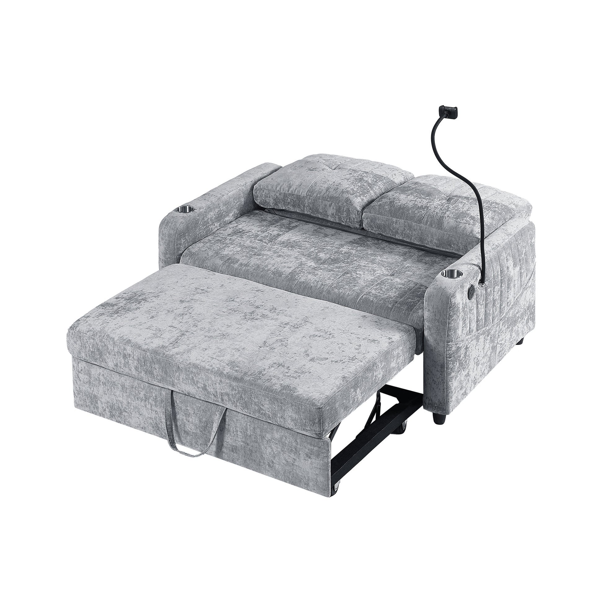 53.9" Modern Loveseat Pull Out Sofa Bed With Adjustable Backrest, Two Cup Holdersa Phone Holder, Three Charging Ports And Side Storage Pockets For Living Room, Grey Grey Foam Chenille