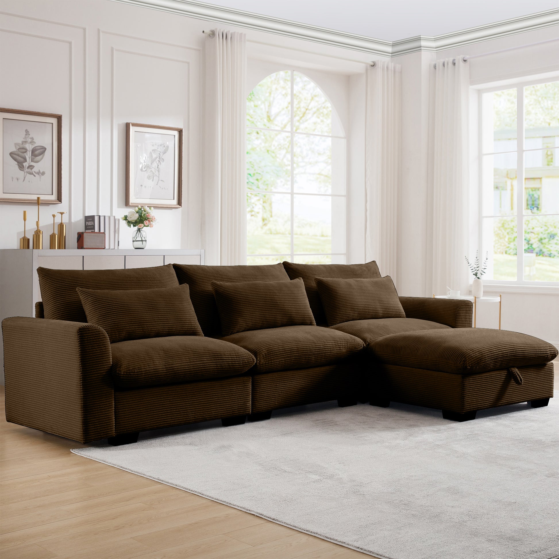 Corduroy Sectional Sofa, L Shaped Couch With Storage Footstool And 3 Pillow, Sectional Couch For Living Room Apartment, Brown Brown Corduroy 3 Seat