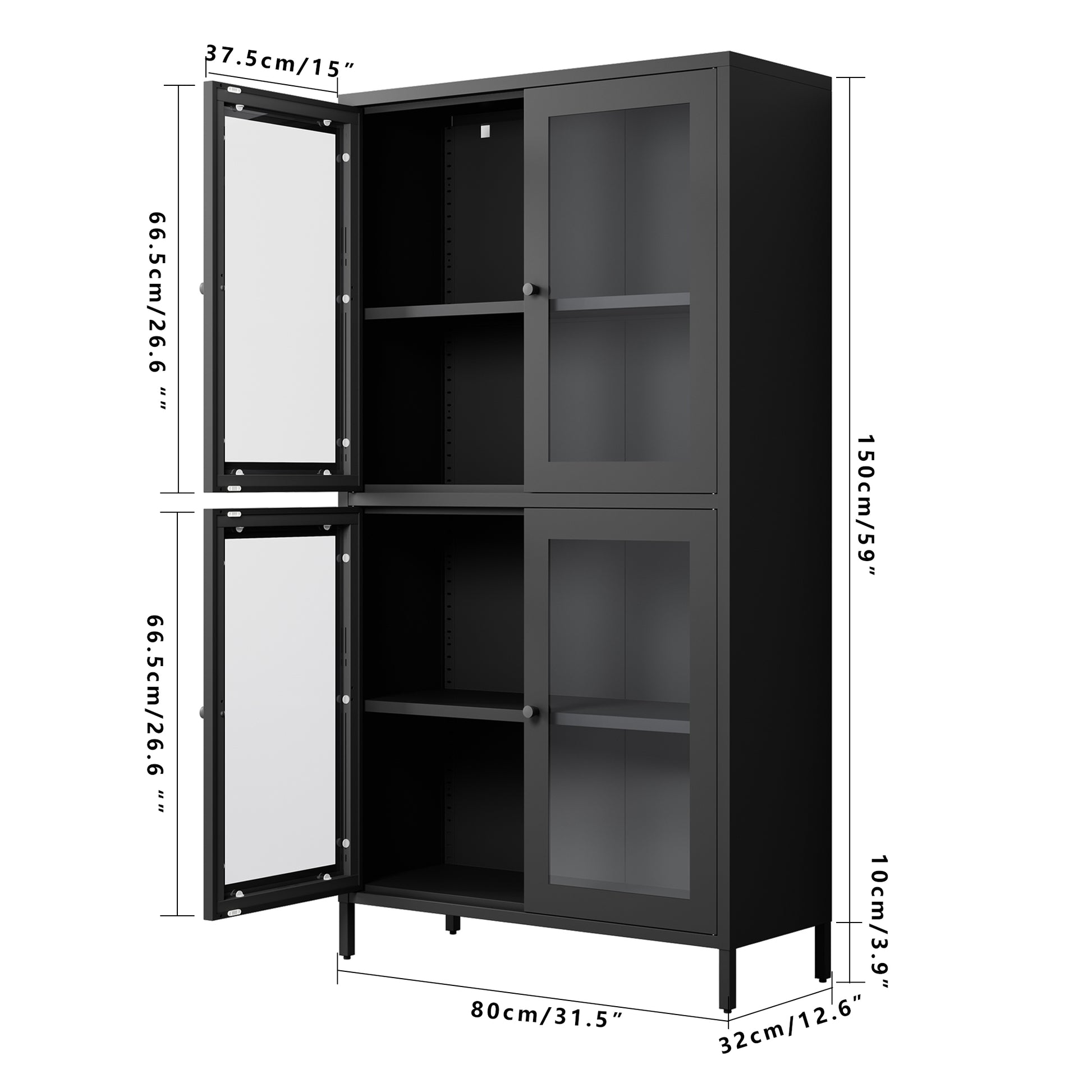 Classic Metal Storage Cabinet Display Cabinet With 4 Glass Doors 4 Shelves Cabinet Bookcase Side Cabinet For Home Office Living Room Kitchen Hallway Black, Flat Tempered Glass Freestanding 3 4 Shelves Glass Pane Black Study Glass Doors Classic Steel