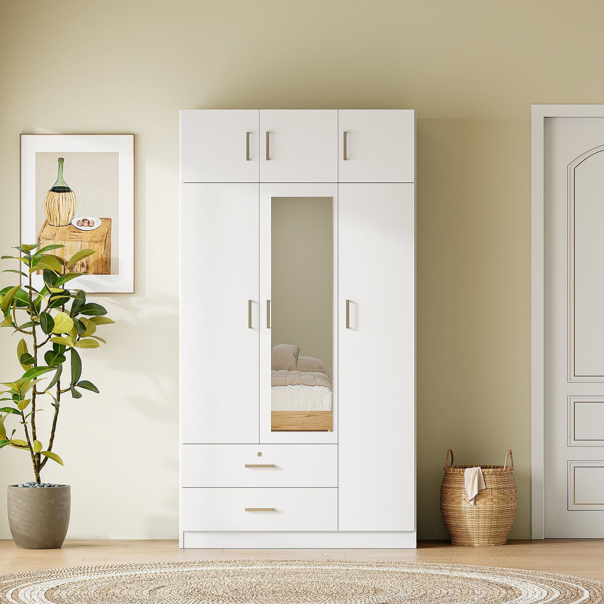 3 Door Mirror Wardrobe With 2 Drawers And Top Cabinet,White White Particle Board