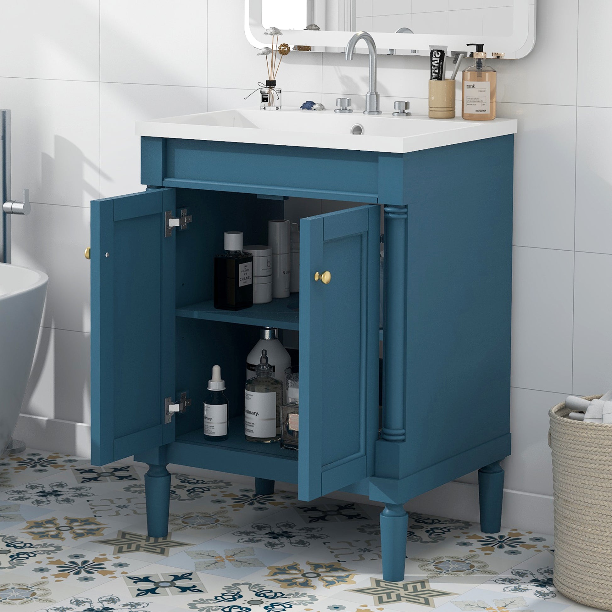 24'' Bathroom Vanity With Top Sink, 2 Tier Modern Bathroom Storage Cabinet, Single Sink Bathroom Vanity, Large Storage Shelves Blue 2 1 Adjustable Hinges Freestanding Modern Solid Wood Mdf Resin Painted